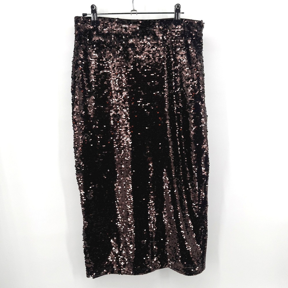 H&M Sequin Midi Skirt Womens S Brown High Waisted Pencil Party Glam Sparkle NYE